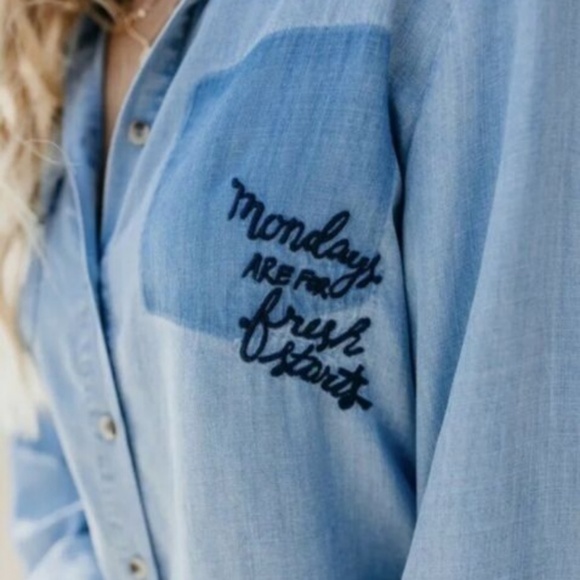 New Denim Chambray Embroidered Button Front Shirt - Picture 2 of 8